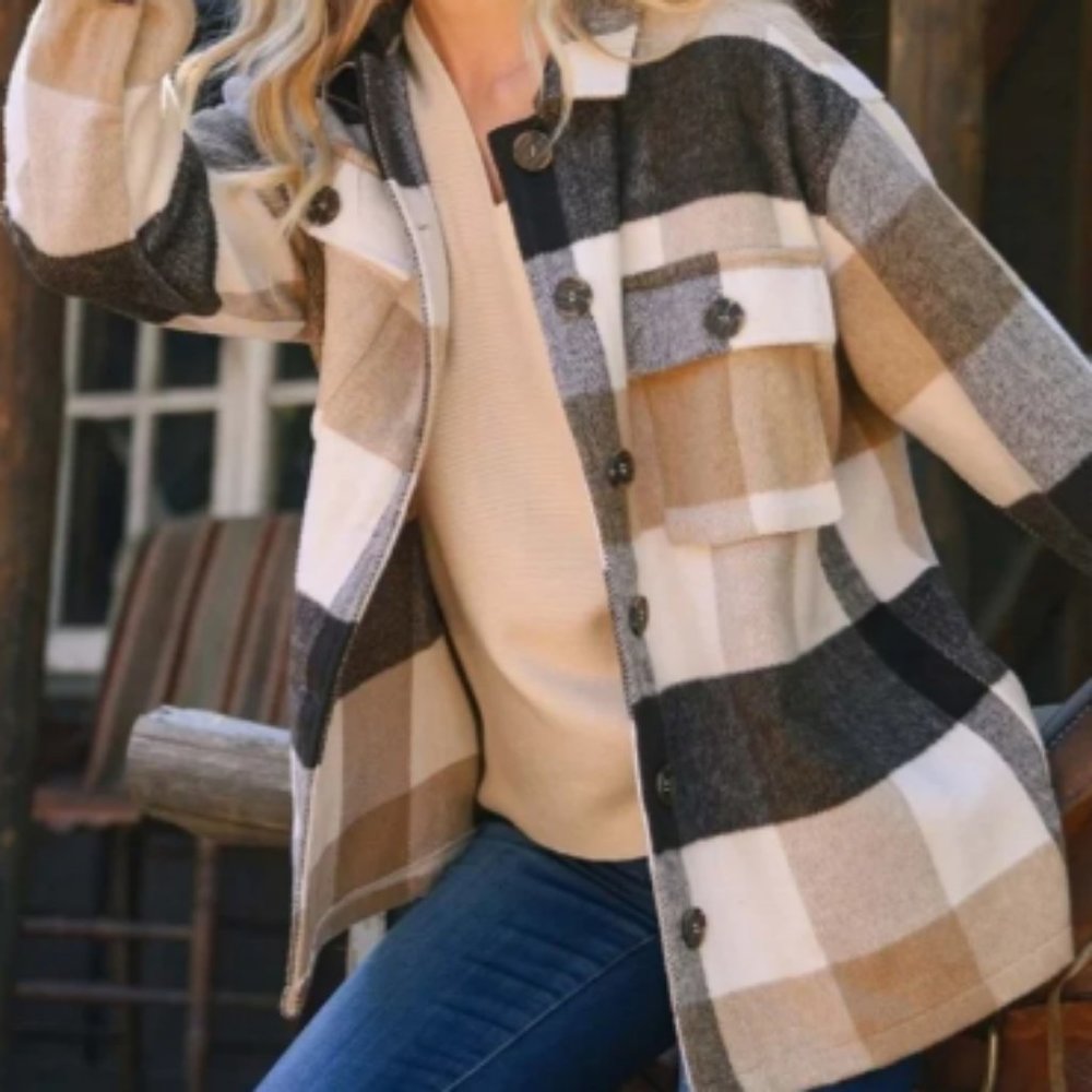Shacket Jacket Plaid Thick Warm hand Pockets Plus Size 2X Brown Tan multi NEW